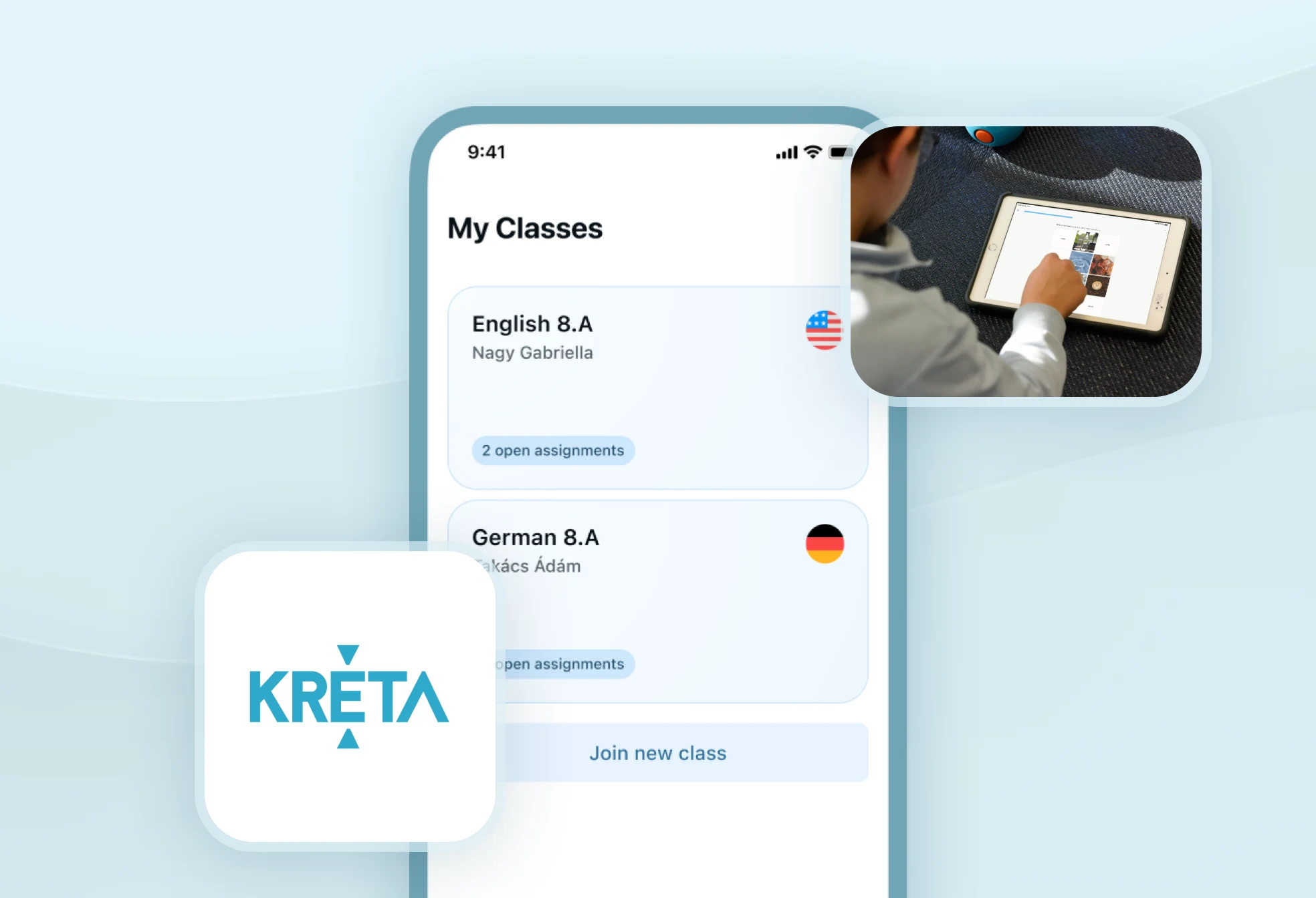 Capture d'écran de l'intégration KRÉTA de Xeropan, montrant un élève utilisant une tablette et la fonctionnalité « Mes classes », permettant aux élèves de K-12 d'accéder à l'intégralité du programme.