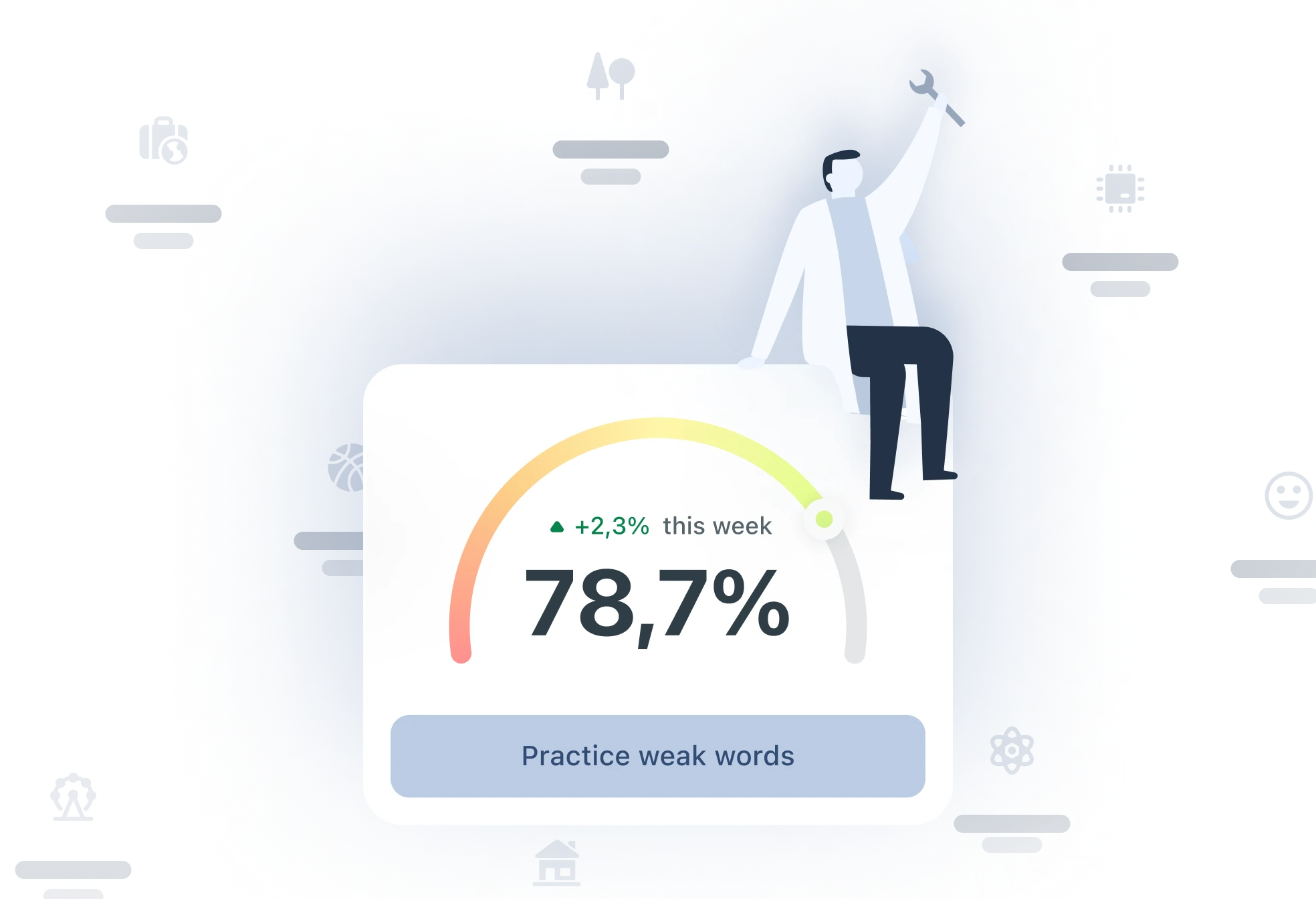 Section de vocabulaire présentant plus de 9 000 expressions couramment utilisées en anglais et en allemand, avec un suivi des progrès et une option de pratique.